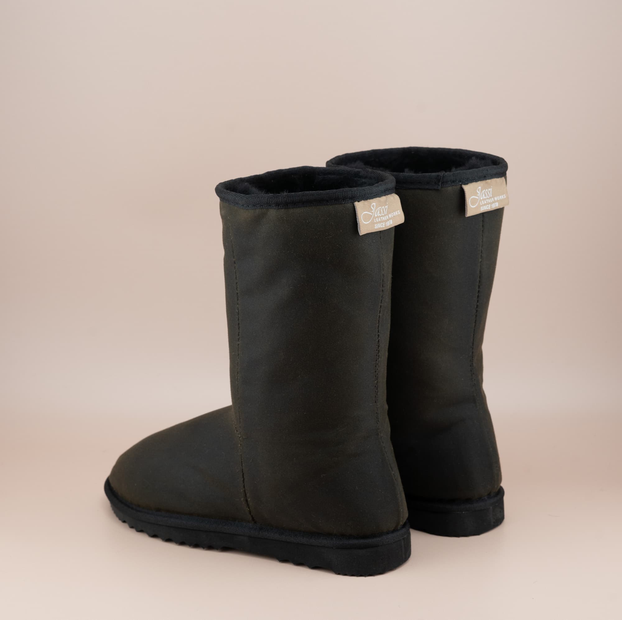 Men's Special Edition mid ugg boots in genuine weatherproof oilskin finish, back view.