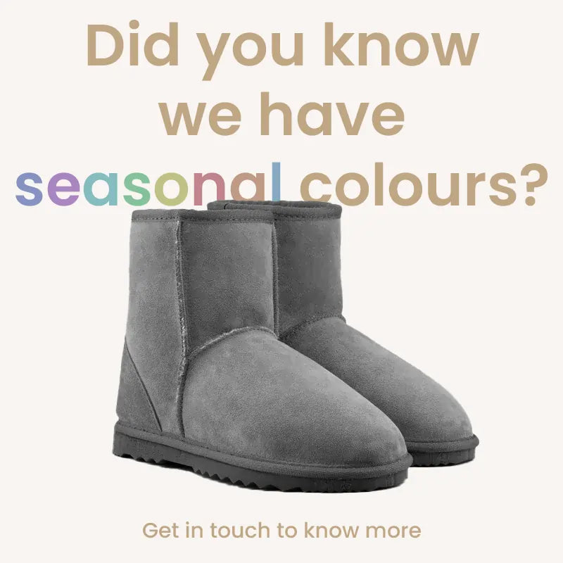 Men's short ugg boot with soft suede finish advertising available seasonal colors, front side view. #color_seasonal