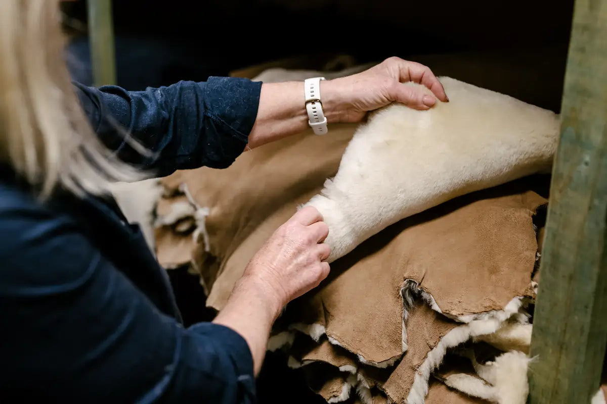 Jassi worker selecting a piece of sheepskin to handcraft ugg boots.