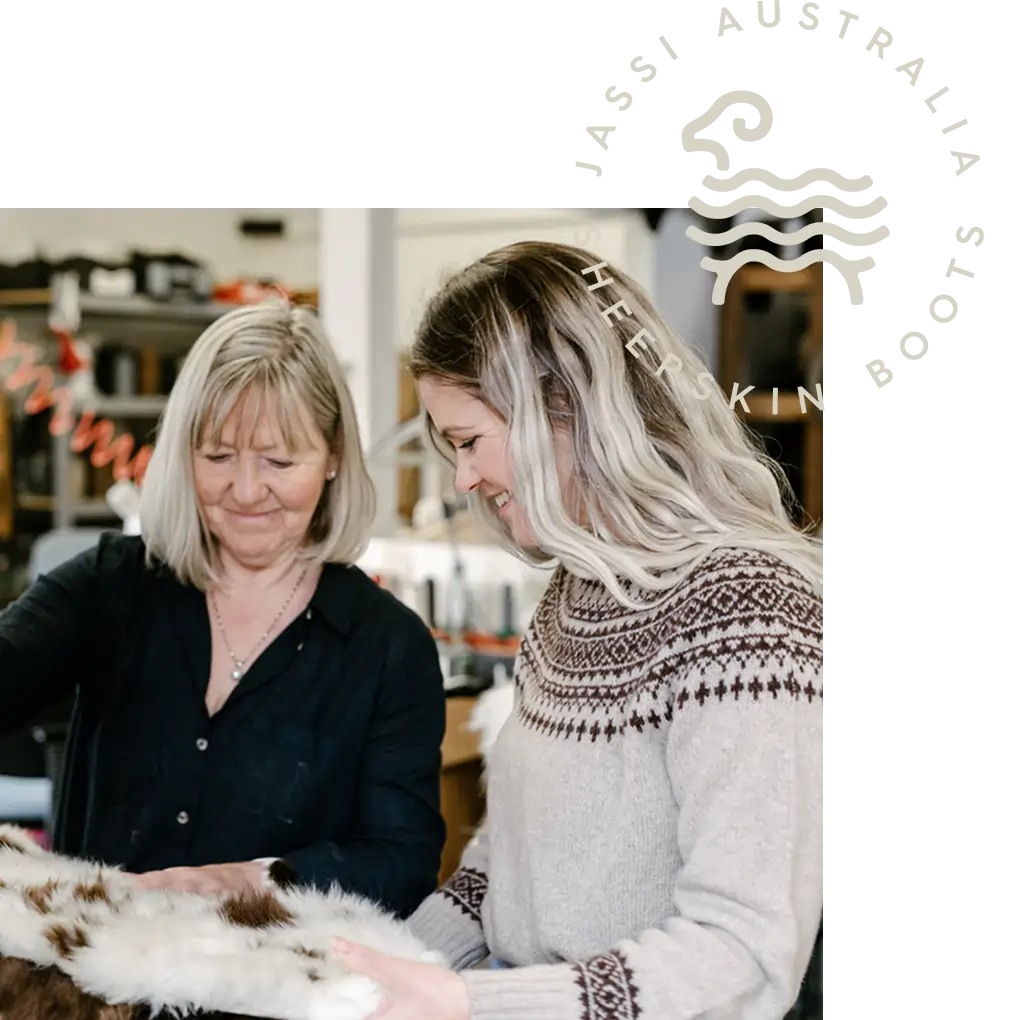 Jassi owners selecting sheepskin to handcraft a pair of ugg boots.