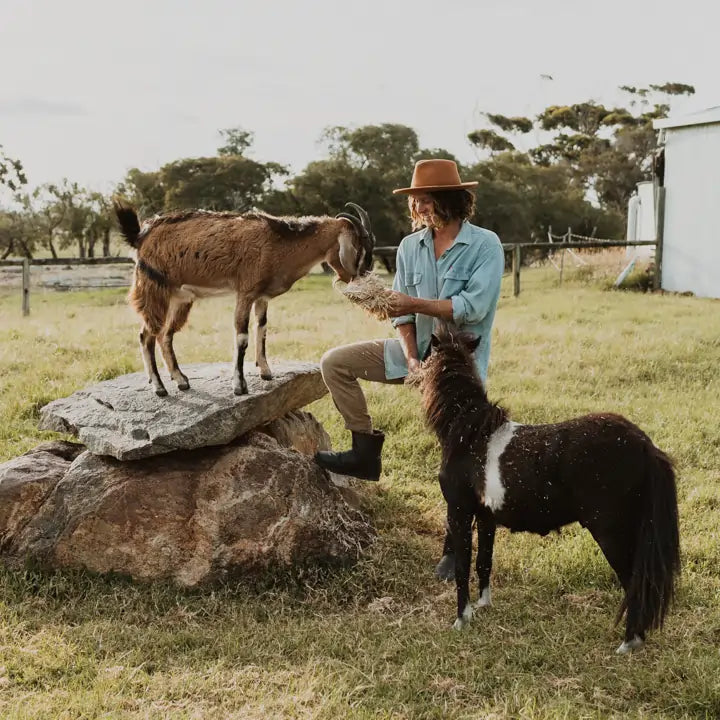 Man feeding a goat and a pony while wearing Jassi Short leather UGG Boots in black. #color_leather black