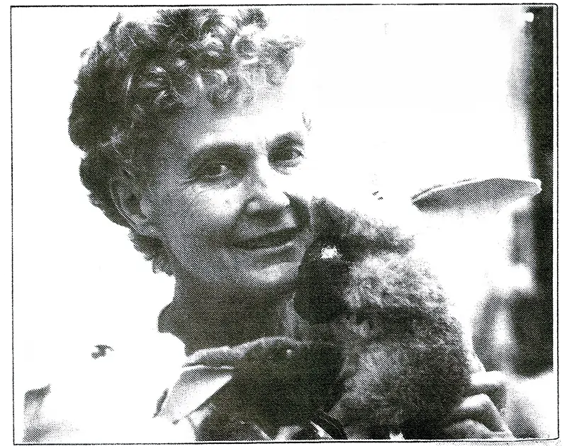 Newspaper clipping of Judy, founder of Jassi, with a handmade sheepskin bilby.