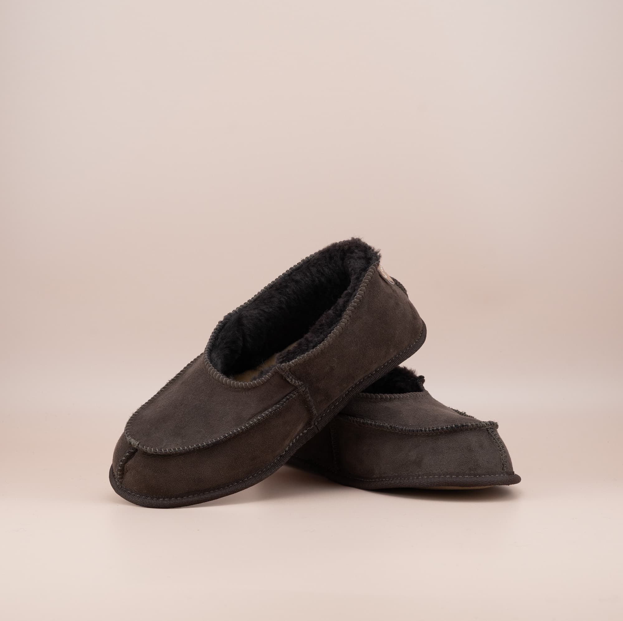 Men's ugg moccasins with a suede finish in chocolate,front and side view. #color_chocolate