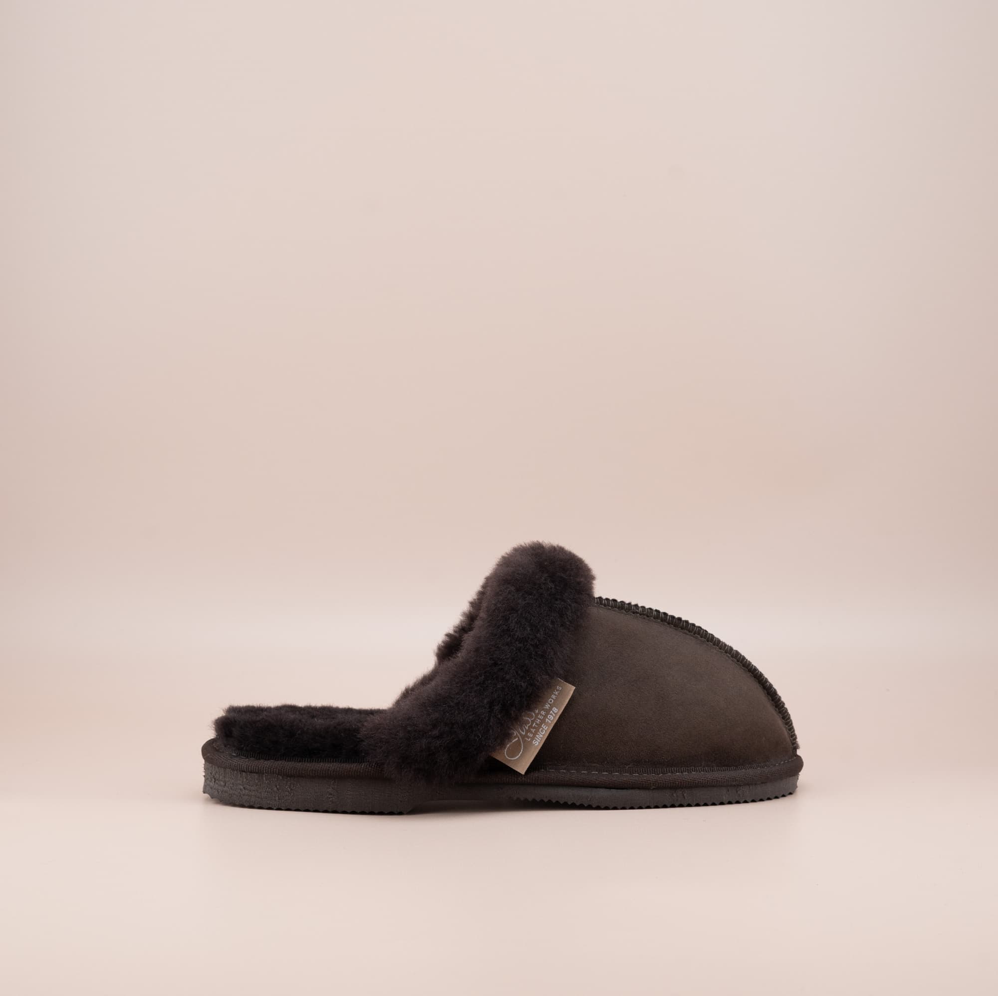 Men's ugg scuffs with a suede finish in chocolate and wool turn, single side view. #color_chocolate