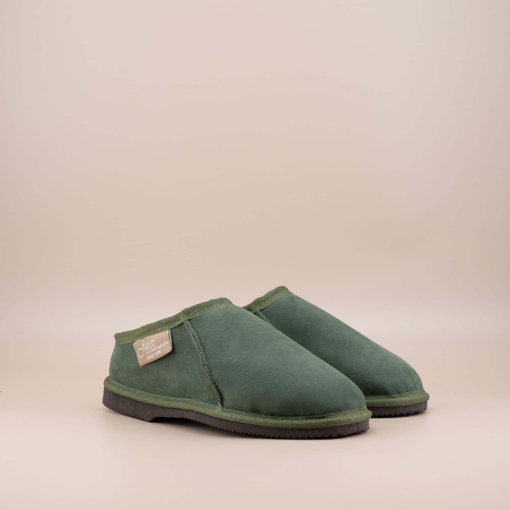 Women's ugg mewels in olive suede, side view of the pair. #color_olive