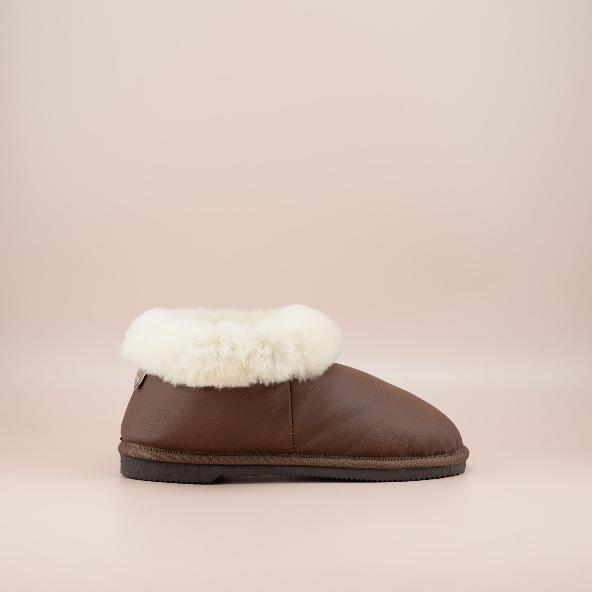 Women's ugg slippers in leather tan and a soft wool turn, single side view. #color_leather tan