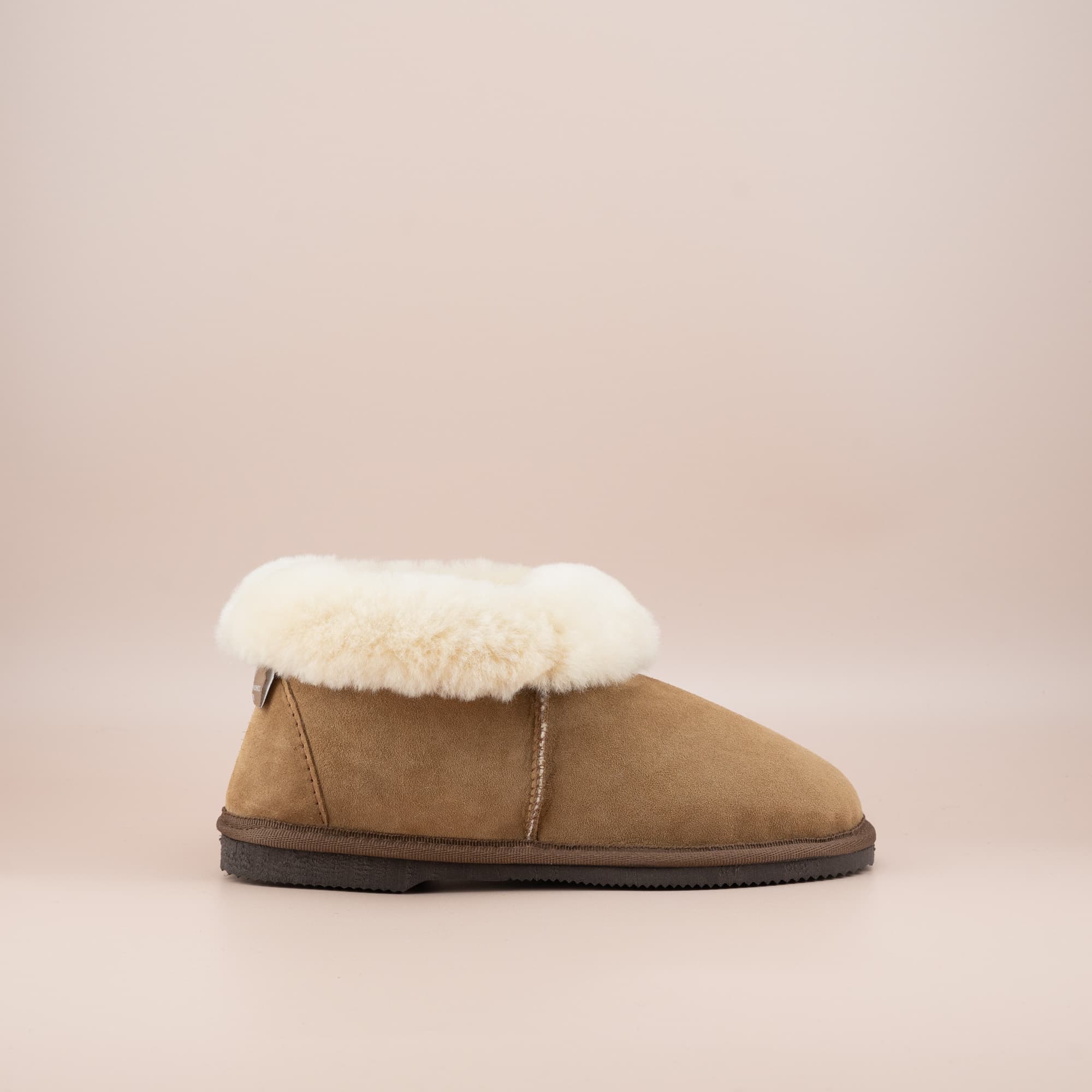 Women's ugg slippers in tan suede and wool turn,single side view. #color_tan